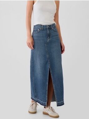 GAP Light Blue Denim Maxi Skirt with Front Slit, 100% cotton